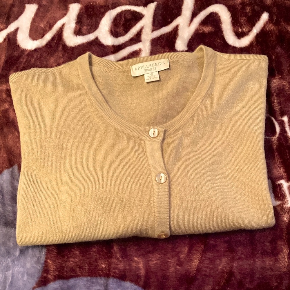 Appleseeds Spindrift Soft Cardigan w shell, Khaki, 1X, worn a few times